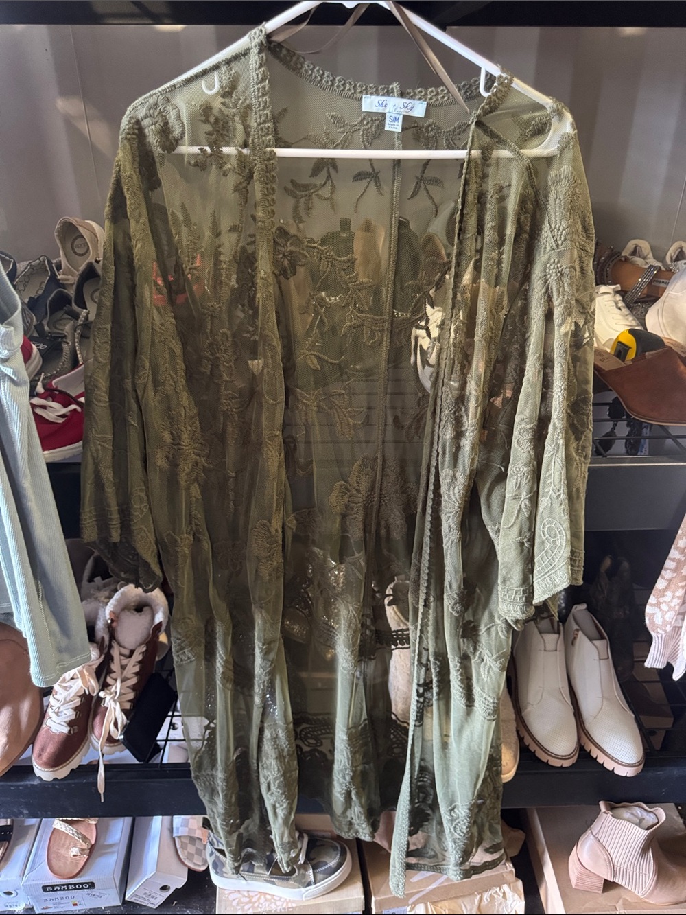 Olive Green Sheer Embroidered Kimono